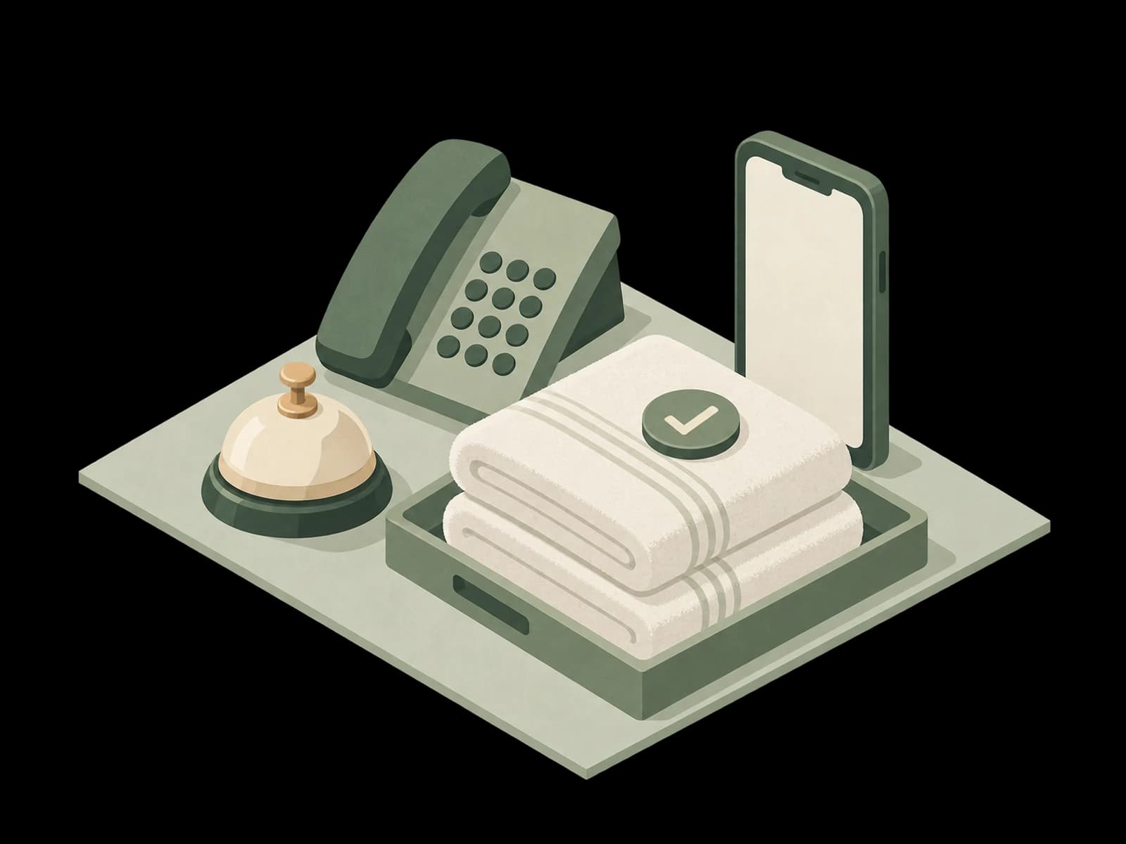 A reception bell, desk phone and mobile phone beside two folded towels and a completion check mark.