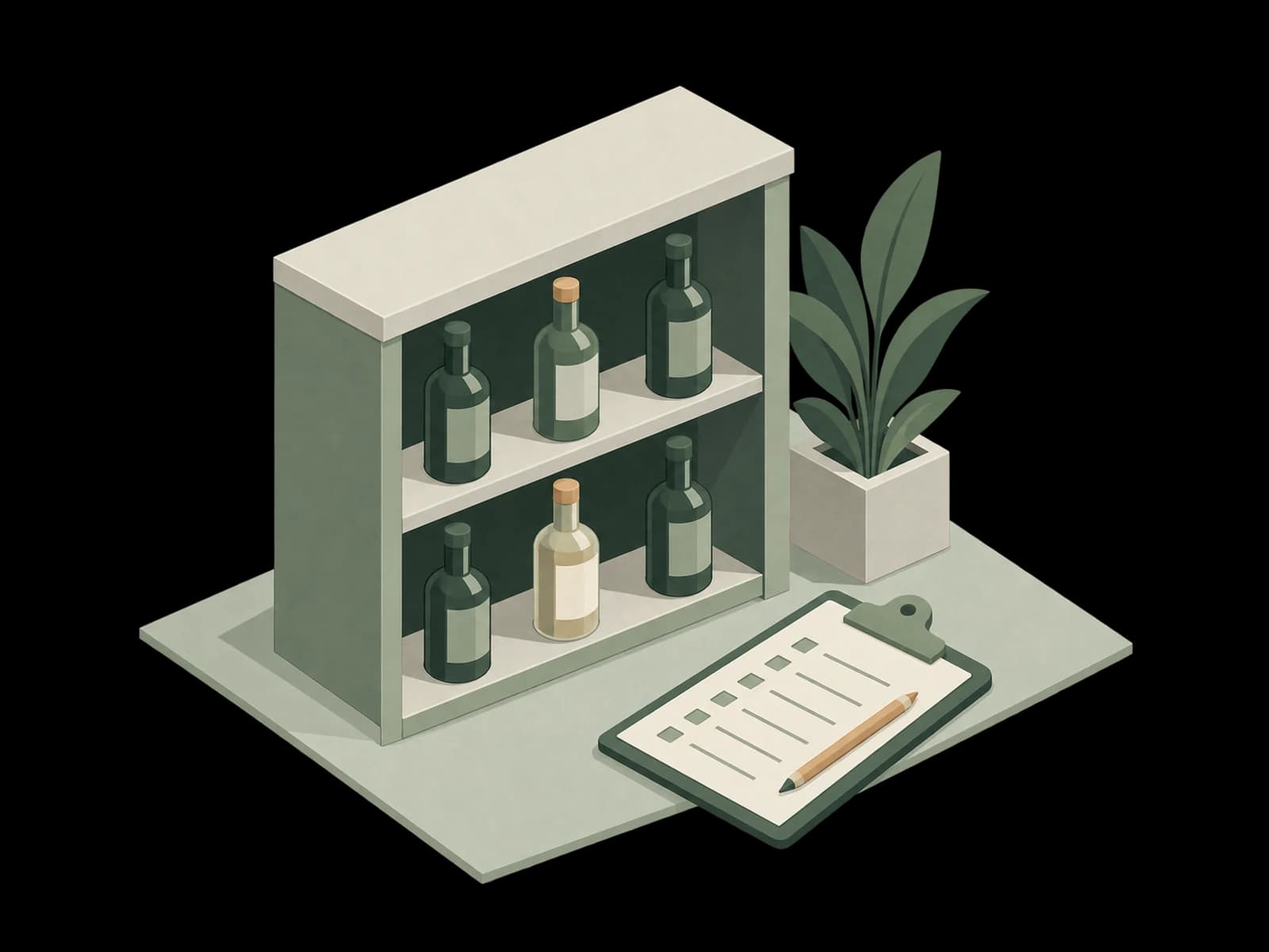Six bottles on a small bar shelf beside a stock-count checklist and pencil.