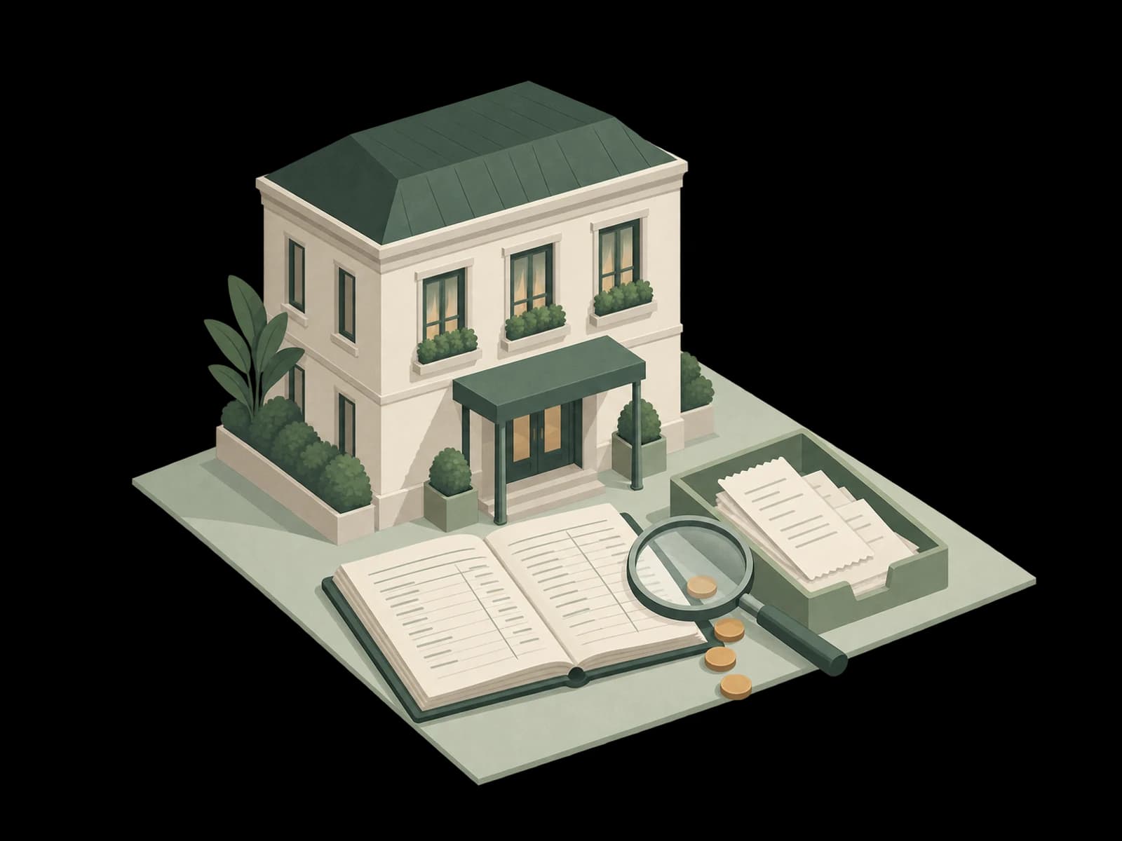 An isometric hotel beside a ledger, receipts, loose coins and a magnifying glass, suggesting small gaps in hotel records.