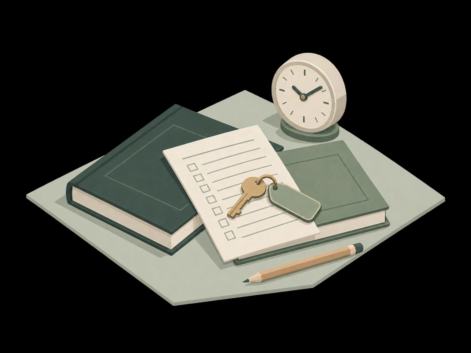 Two shift logbooks linked by a shared checklist, with a hotel key and a small clock.