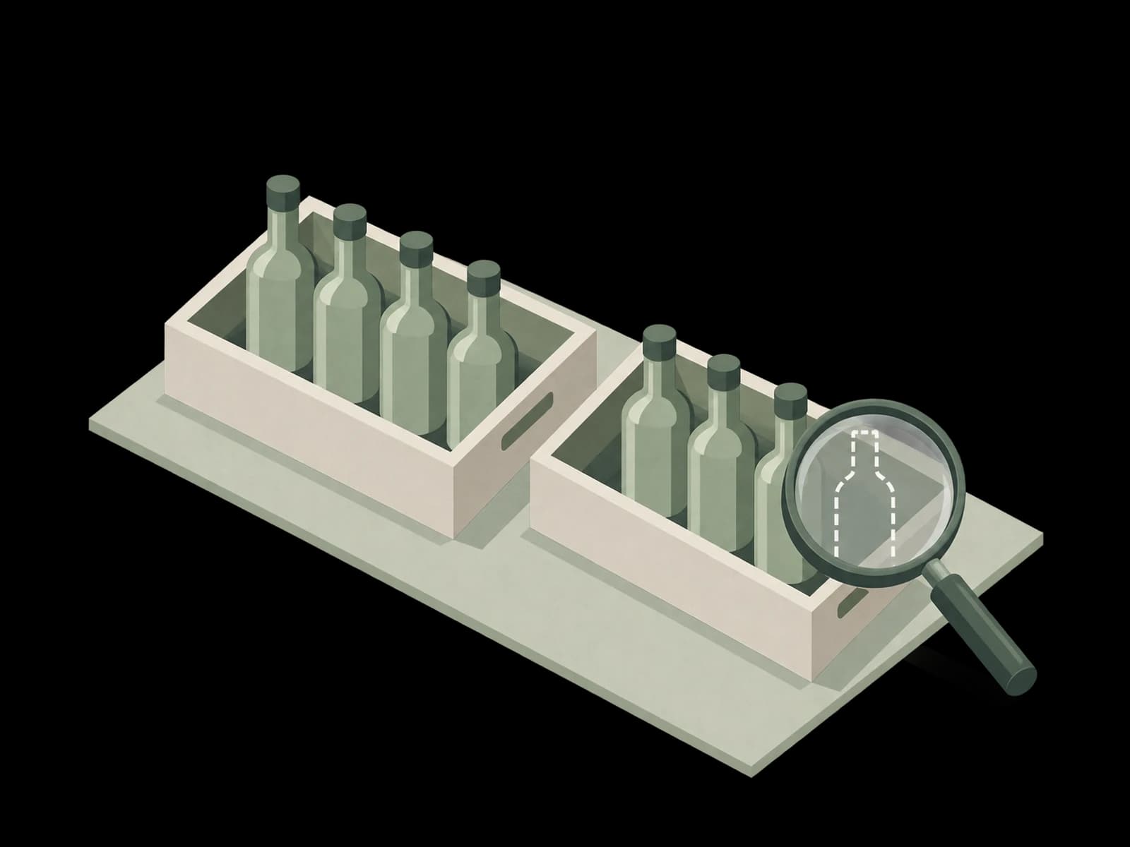 Two bottle trays, one with four bottles and one with three, with a magnifying glass over an empty position.